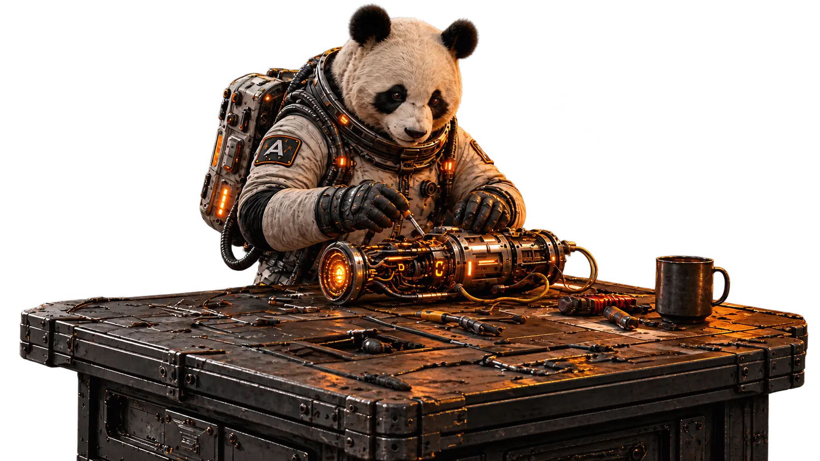 AstroPanda at the workbench, building a piece of hardware
