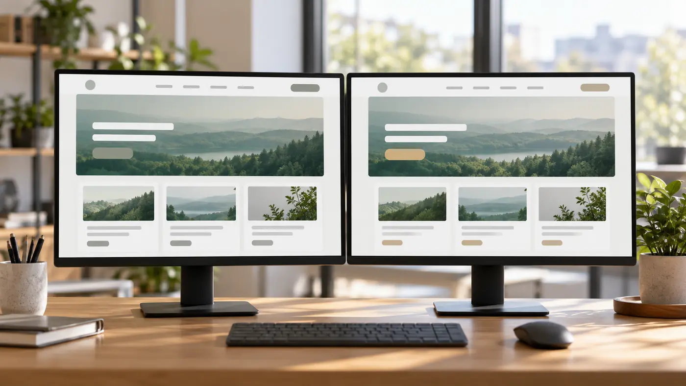 Dos monitores con el mismo sitio web, una copia de pruebas junto al sitio en vivo