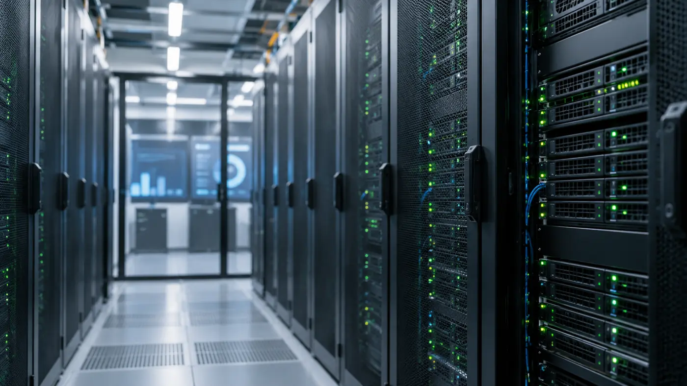 A server room aisle with rows of racks and green status lights