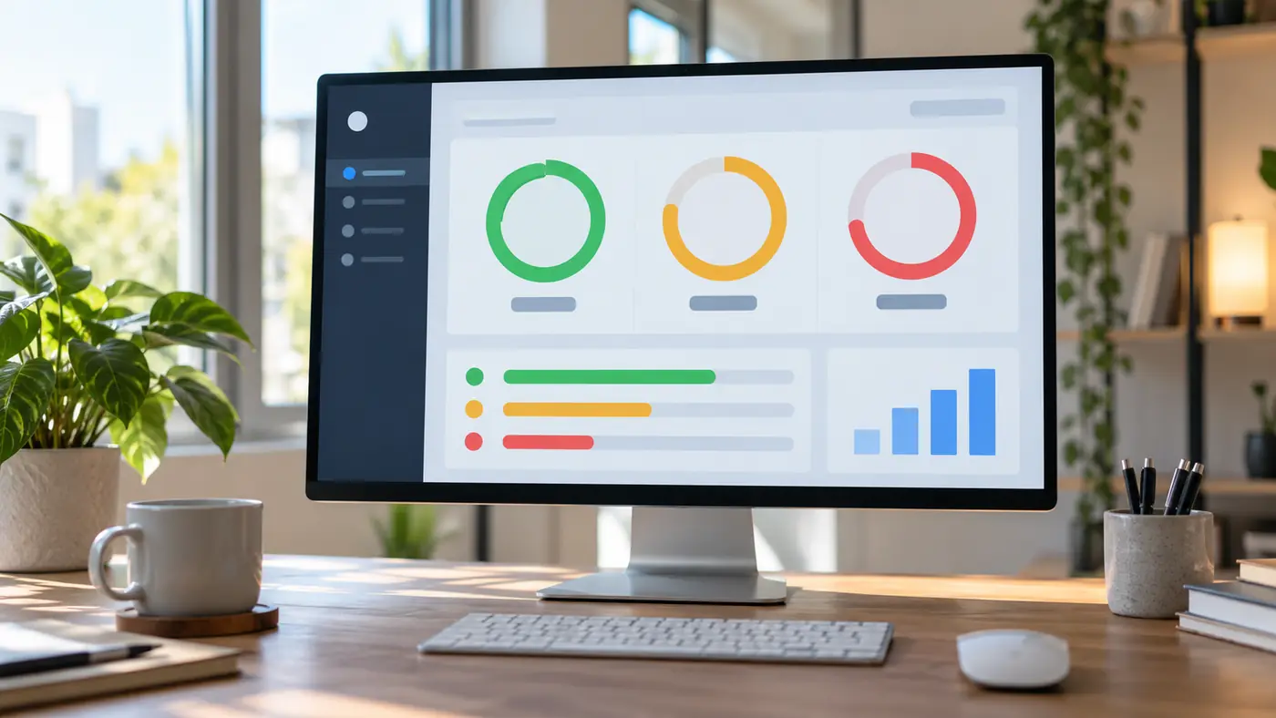 A monitor showing a performance report with green, amber and red score gauges