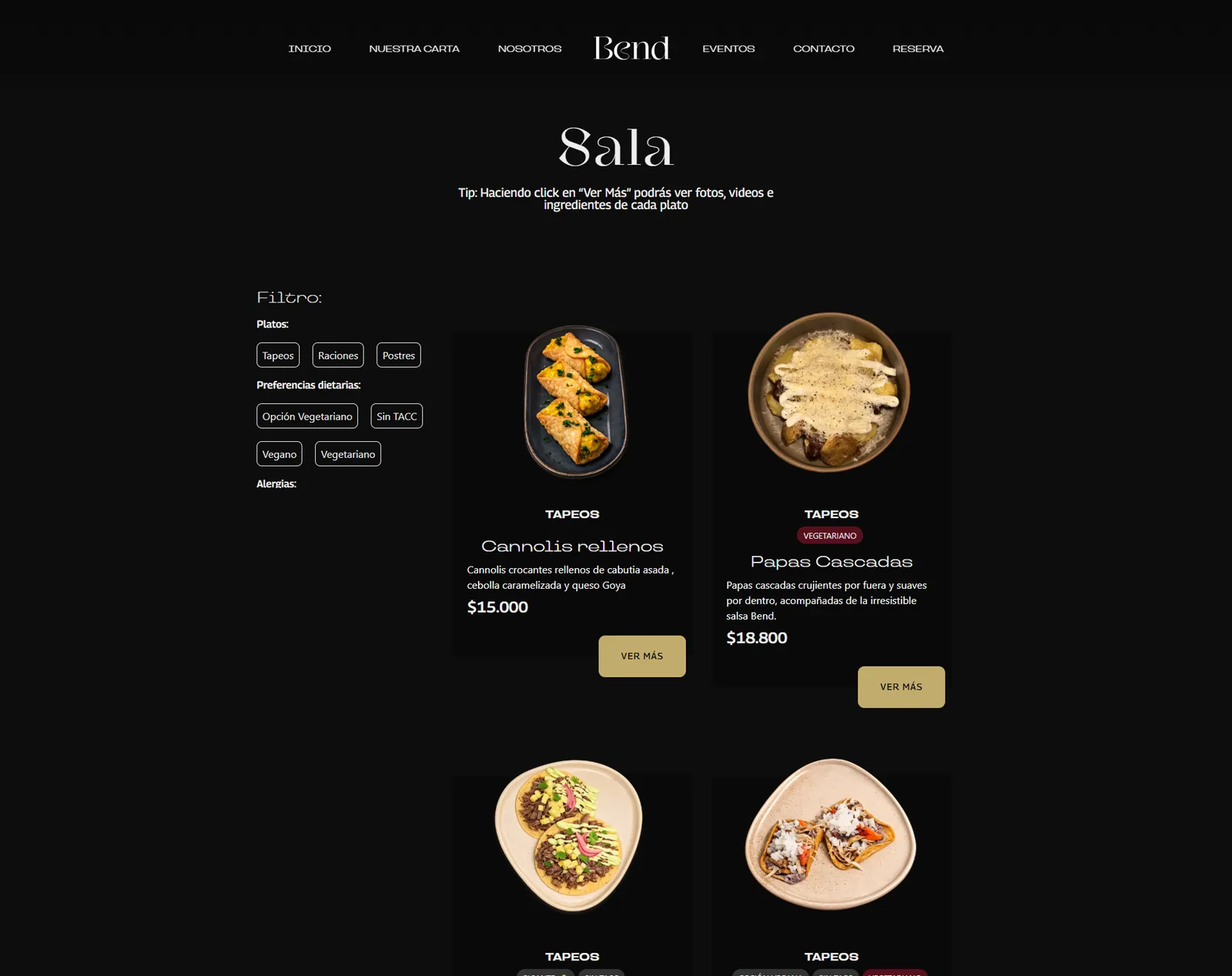 The food menu with its filters open: course, diet, allergen.