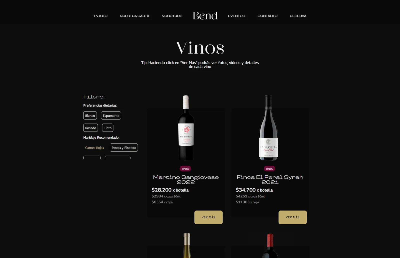 Forty-two wines, each with its type and the plates it goes with.
