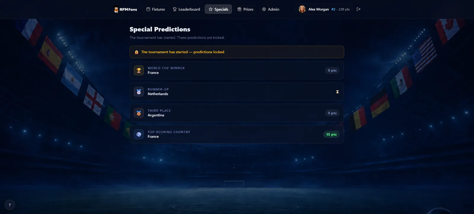 The specials, locked once the first match kicks off.
