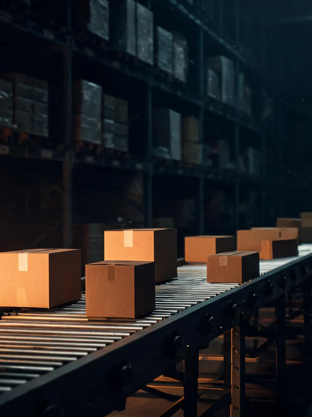 Cajas avanzando por una línea de preparación de pedidos