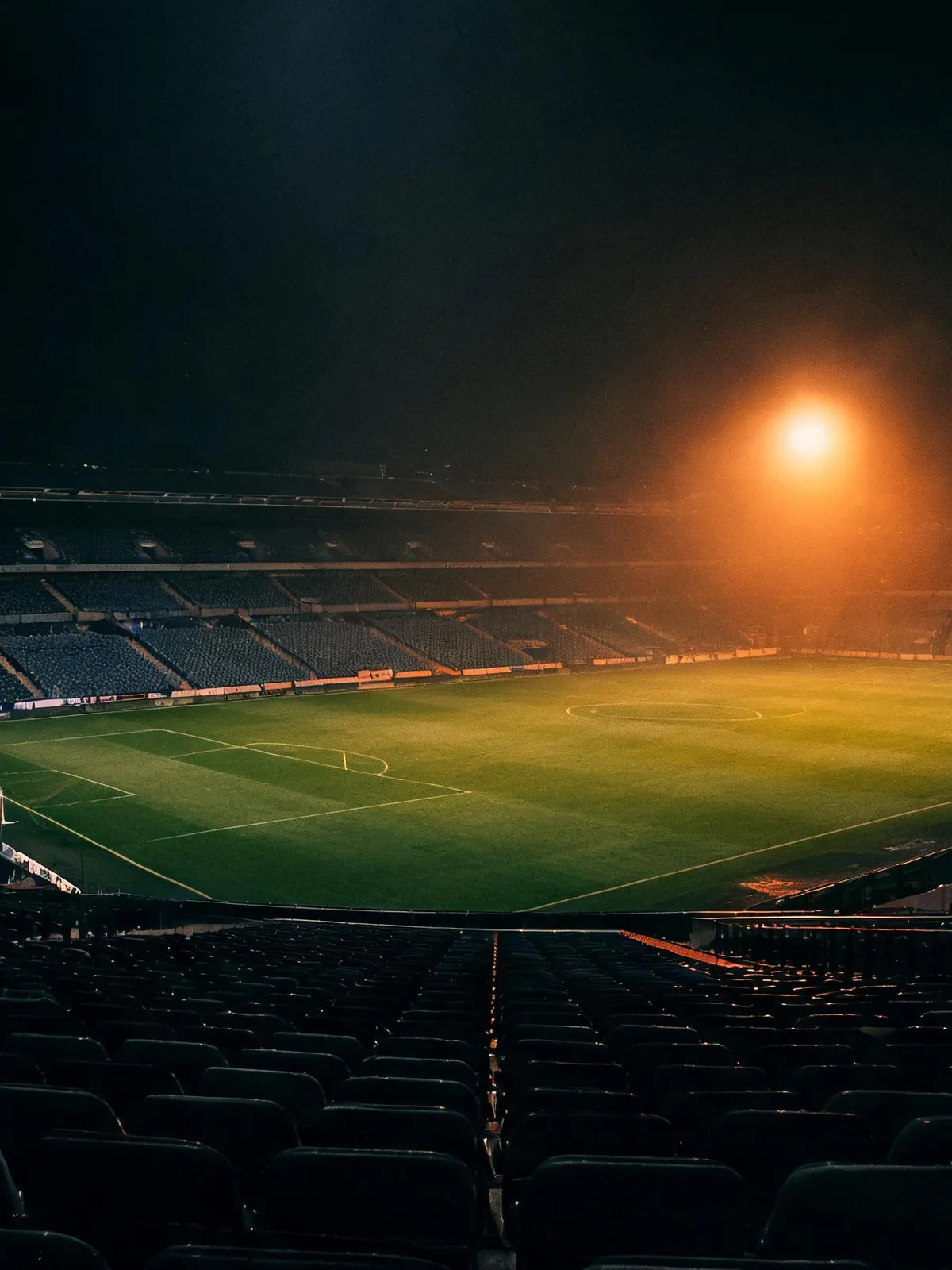 An empty floodlit stadium at night
