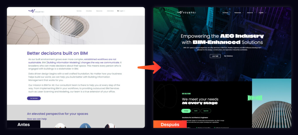 Cómo el Diseño Web Afecta la Percepción de tu Marca 1 Antes y después del rediseño web de voyansi.com